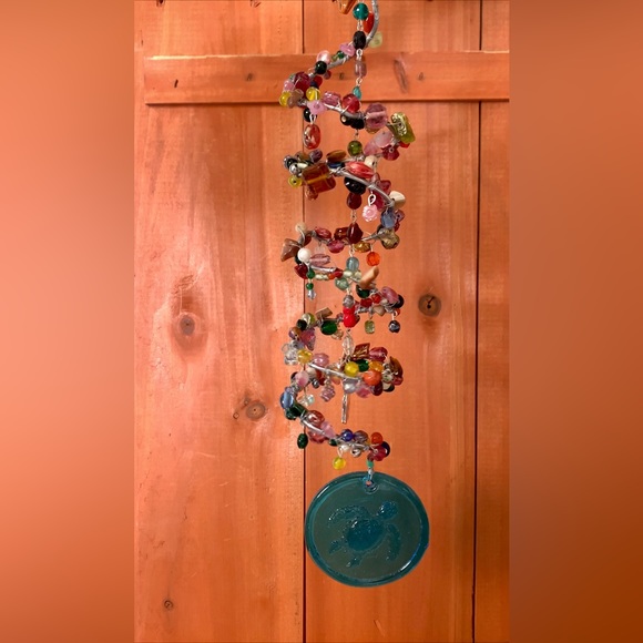 Stained Glass Blue Sea Turtle Beaded Ocean Metal Spiral Sun Catcher Mobile - Picture 6 of 10